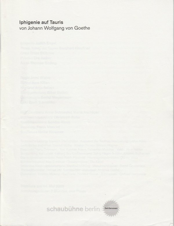 Programmheft Johann W. von Goethe IPHIGENIE AUF TAURIS Schaubühne Berlin 2009