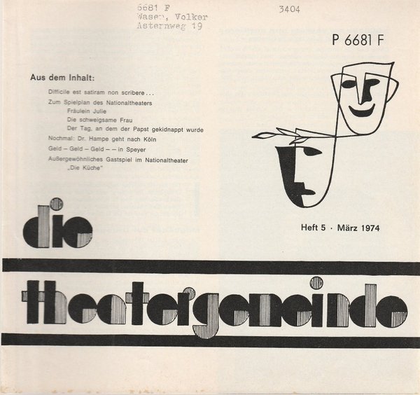 Blätter der Theatergemeinde für das Nationaltheater Mannheim Heft 5 März 1974
