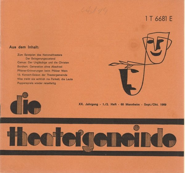 Blätter der Theatergemeinde für das Nationaltheater Mannheim Heft 1 / 2 1969