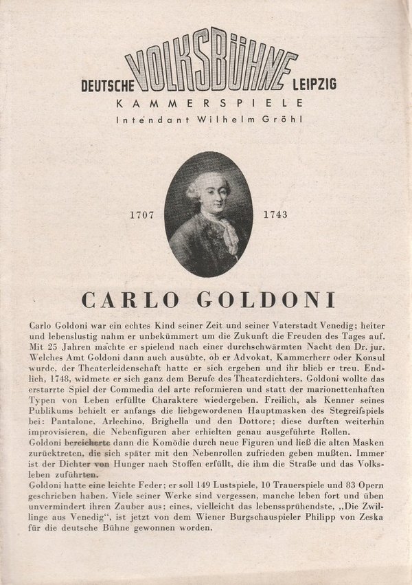 Programmheft Carlo Goldoni DIE ZWILLINGE AUS VENEDIG Volksbühne Leipzig 1950 141021