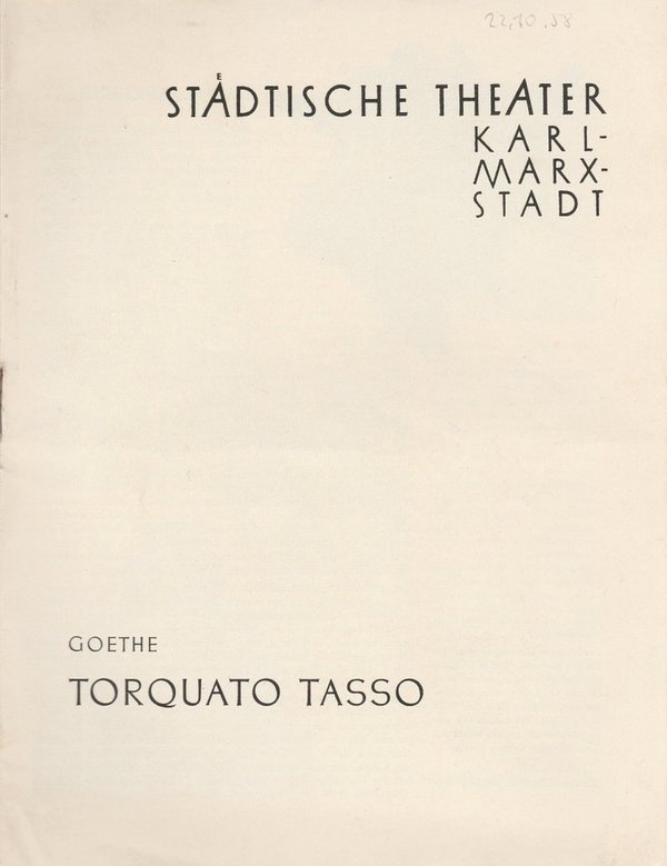 Programmheft Goethe TORQUATO TASSO Theater Karl-Marx-Stadt 1958