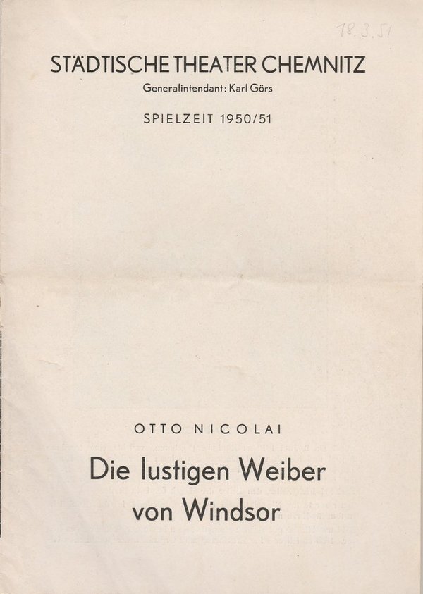 Programmheft Otto Nicolai DIE LUSTIGEN WEIBER VON WINDSOR Theater Chemnitz 1951