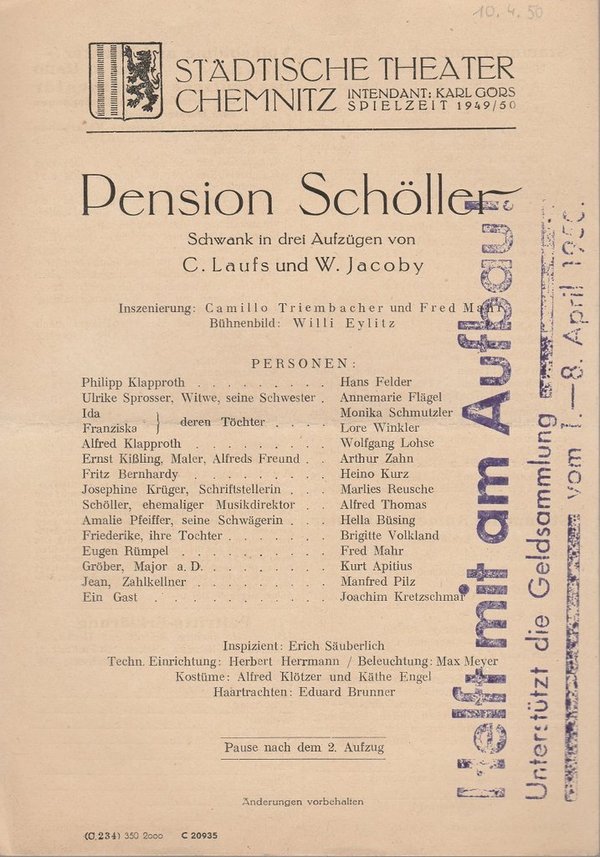 Theaterzettel C. Laufs und W. Jacoby PENSION SCHÖLLER  Theater Chemnitz 1950