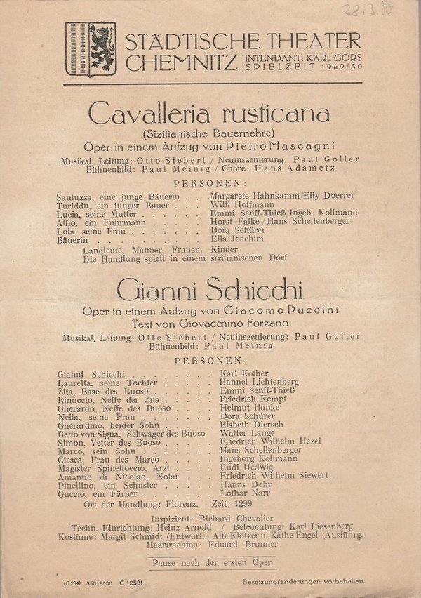 Theaterzettel Pietro Mascagni CAVALLERIA RUSTICANA Theater Chemnitz 1950
