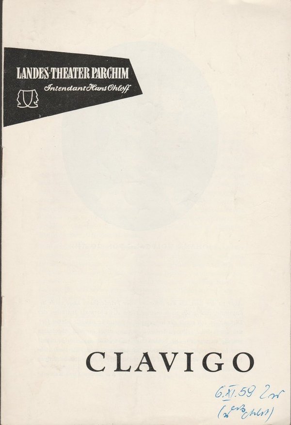 Programmheft Johann Wolfgang von Goethe CLAVIGO Landestheater Parchim 1959