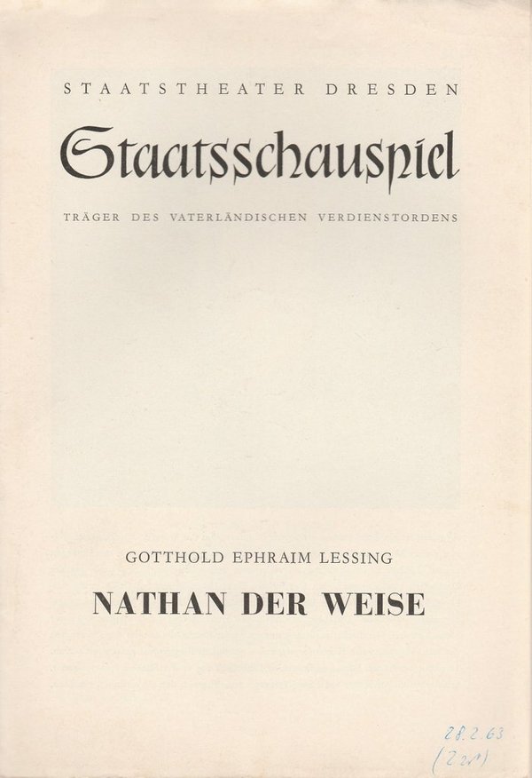 Programmheft Lessing NATHAN DER WEISE Staatstheater Dresden 1960