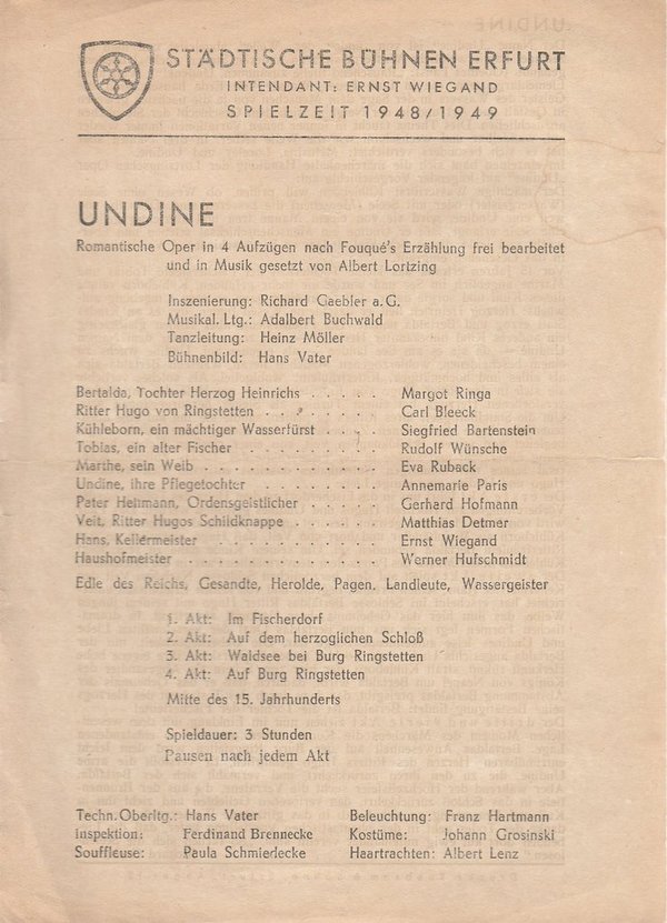 Theaterzettel Albert Lortzing UNDINE Bühnen Erfurt 1948