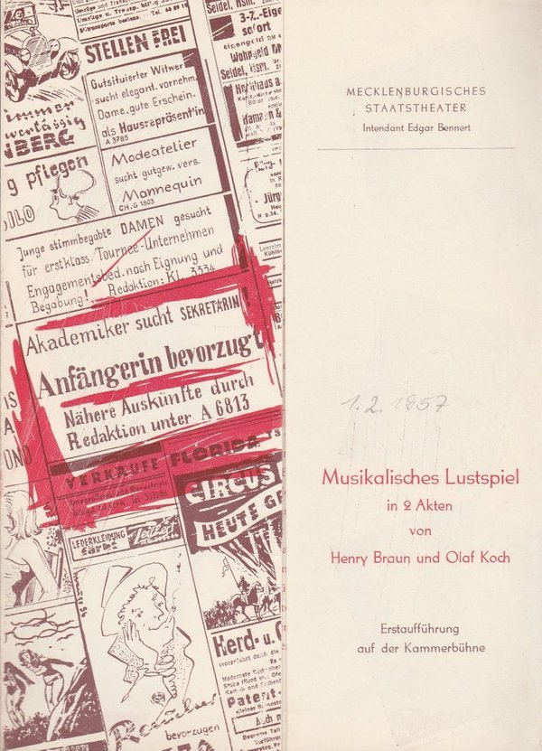Programmheft Henry Braun / Olaf Koch ANFÄNGERIN BEVORZUGT Schwerin 1957