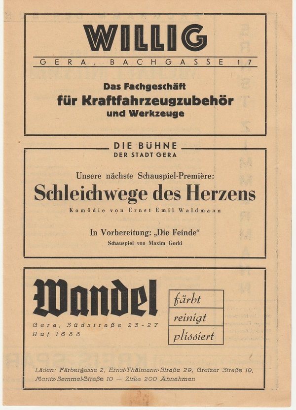 Programmheft Gerhart Hauptmann MICHAEL KRAMER Bühne der Stadt Gera ca. 1946