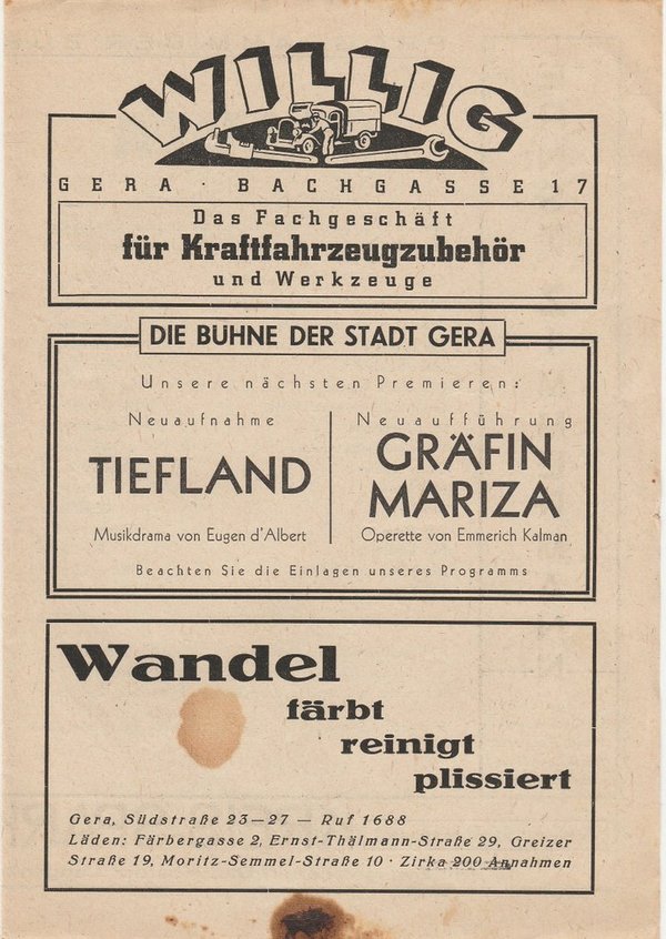 Programmheft Nico Dostal CLIVIA Bühne der Stadt Gera ca. 1946