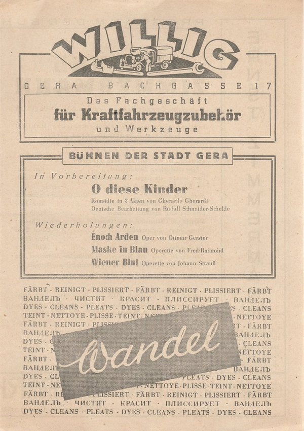 Programmheft Albert Lortzing ZAR UND ZIMMERMANN Bühnen der Stadt Gera ca. 1946