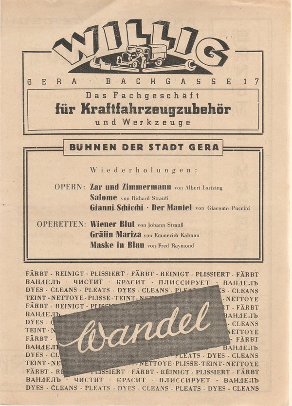 Programmheft Johann Strauß WIENER BLUT Bühnen der Stadt Gera ca. 1946