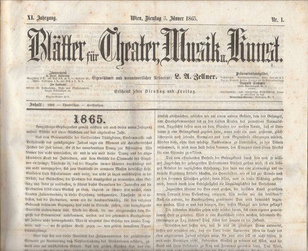 BLÄTTER FÜR THEATER, MUSIK UND KUNST XI. Jahrgang 1865 komplett