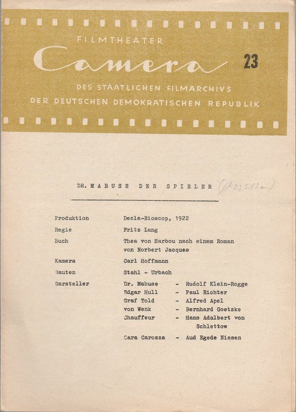 Programmheft Fritz Lang DR. MABUSE DER SPIELER Filmtheater CAMERA Berlin 1962