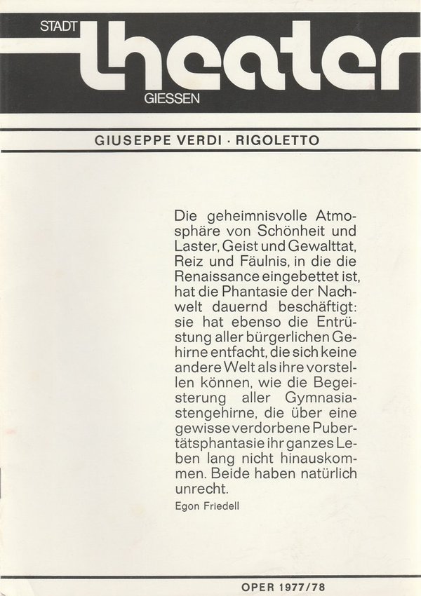 Programmheft Giuseppe Verdi RIGOLETTO Stadttheater Giessen 1978