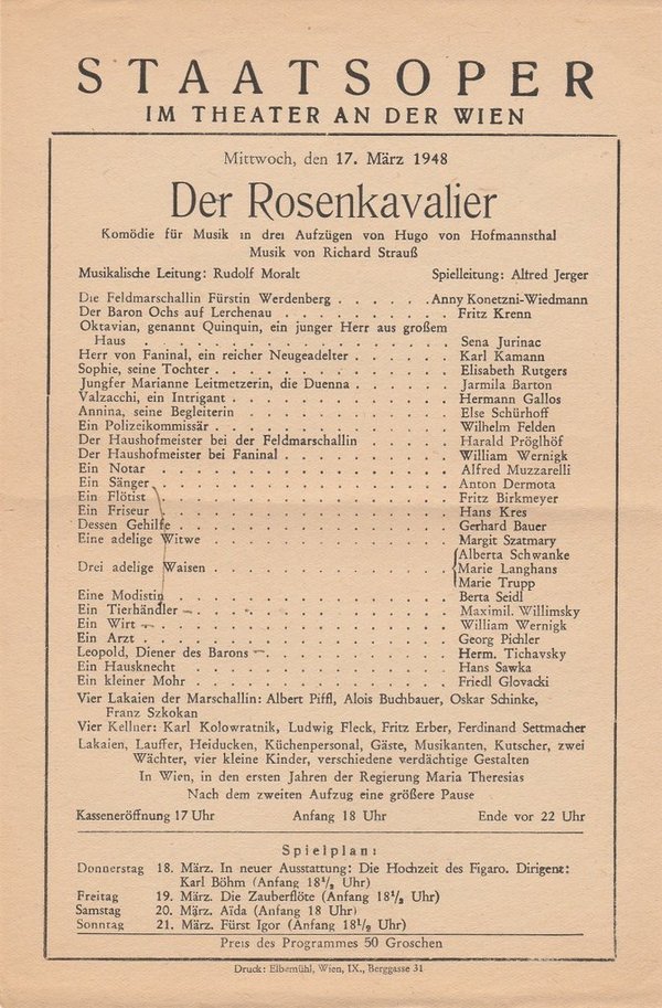 Theaterzettel Richard Strauß ROSENKAVALIER Staatsoper im Theat. a. d. Wien 1948
