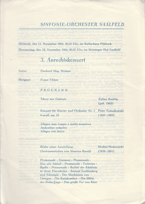Programmheft SINFONIE ORCHESTER SAALFELD 3. ANRECHTSKONZERT 1964