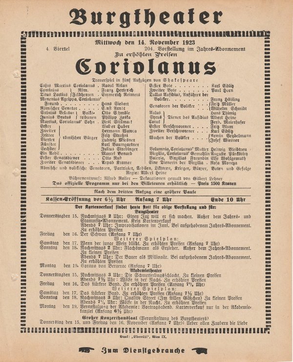 Theaterzettel Shakespeare CORIOLANUS 14. November 1923 Burgtheater Wien