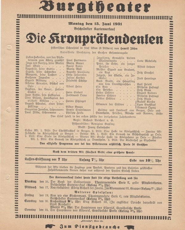 Theaterzettel Henrik Ibsen DIE KRONPRÄTENDENTEN 15. Juni 1931 Burgtheater Wien