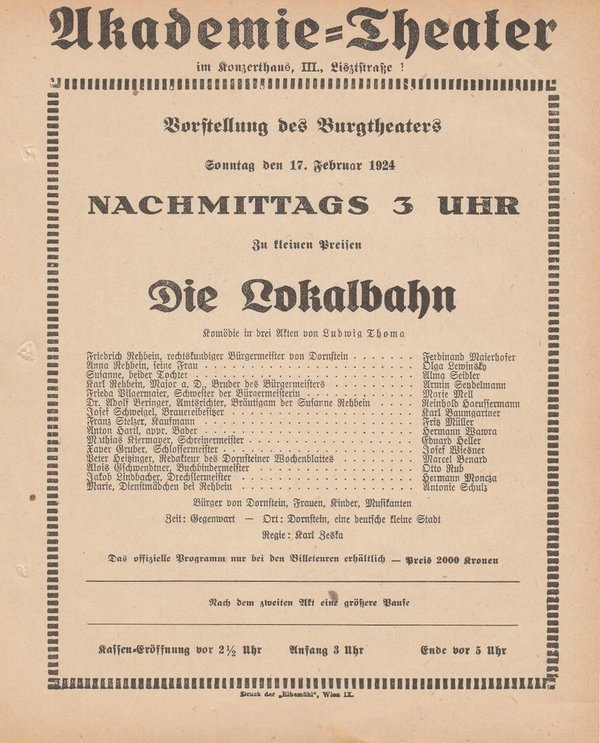 Theaterzettel Ludwig Thoma DIE LOKALBAHN 17. Februar 1924 Akademie=Theater Wien