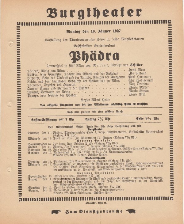 Theaterzettel Racine PHÄDRA 10. Jänner 1927 Burgtheater Wien