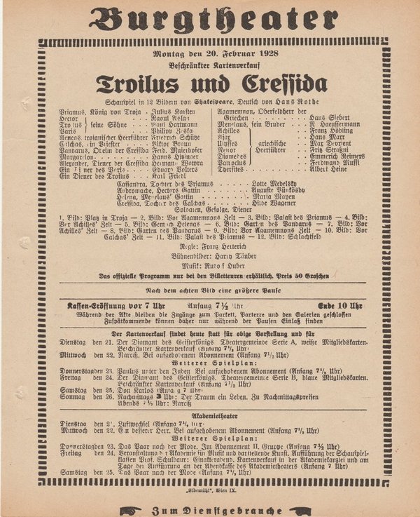 Theaterzettel Shakespeare TROILUS UND CRESSIDA 20. Februar 1928 Burgtheater Wien
