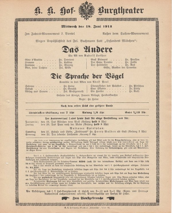 Theaterzettel Rudolf Lothar DAS ANDERE  18.6. 1913 k. k. Hof -Burgtheater Wien