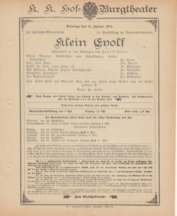 Theaterzettel Henrik Ibsen KLEIN EYNOLF 19.1. 1915 . k. Hof = Burgtheater Wien