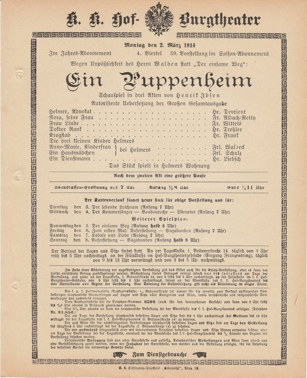 Theaterzettel Ibsen EIN PUPPENHEIM 2. 3. 1914 k. k. Hof - Burgtheater Wien