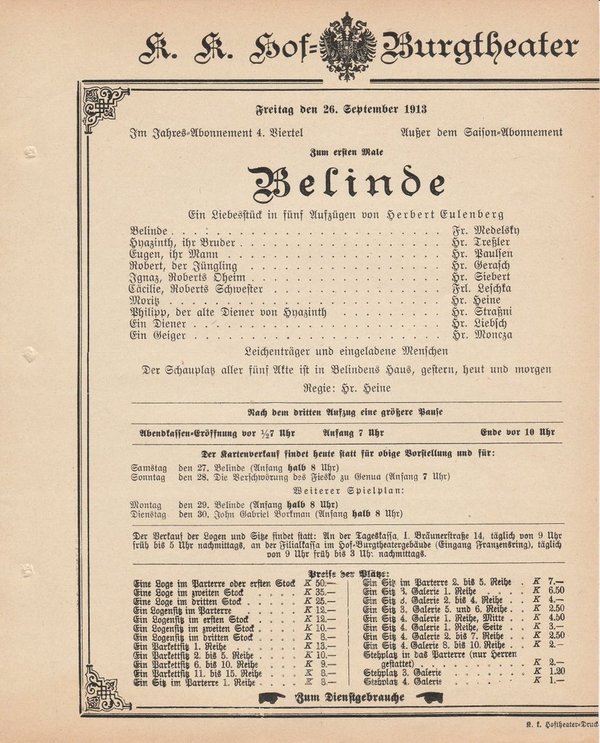 Theaterzettel Herbert Eulenberg BELINDE k. k. Hof = Burgtheater Wien 1913