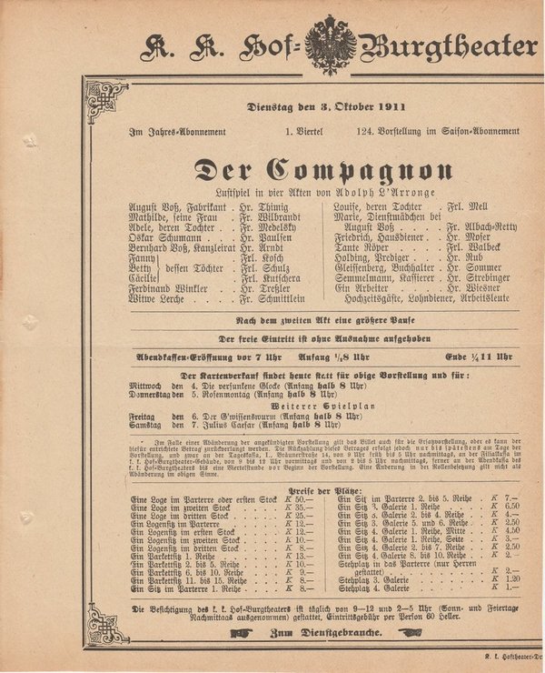 Theaterzettel Adolph L'Arronge DER COMPAGNON k. k. Hof = Burgtheater Wien 1911