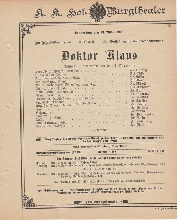 Theaterzettel Adolf L'Arronge DOKTOR KLAUS k. k. Hof = Burgtheater Wien 1916