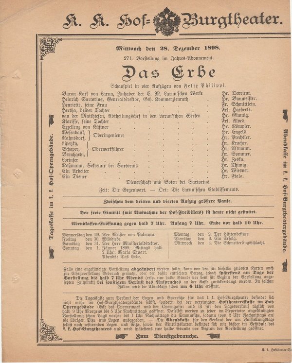 Theaterzettel Felix Philippi DAS ERBE k. k. Hof = Burgtheater Wien 1898