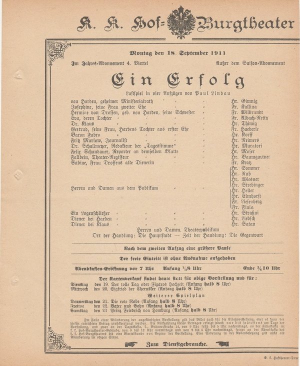 Theaterzettel Paul Lindau EIN ERFOLG k. k. Hof = Burgtheater Wien 1911