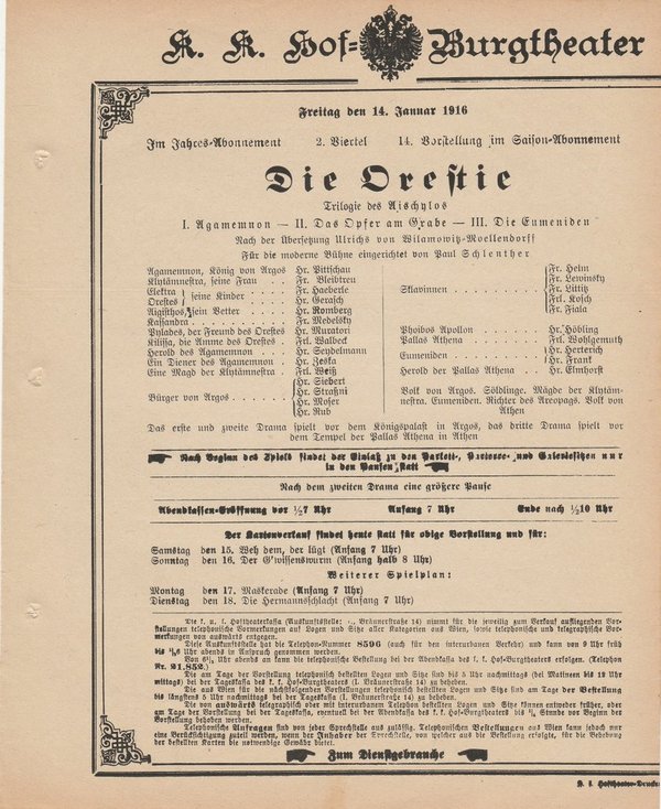 Theaterzettel DIE ORESTIE Trilogie des Aischylos k. k. Hof Burgtheater Wien 1916