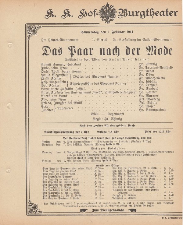 Theaterzettel Raoul Auernheimer DAS PAAR NACH DER MODE Burgtheater 1914