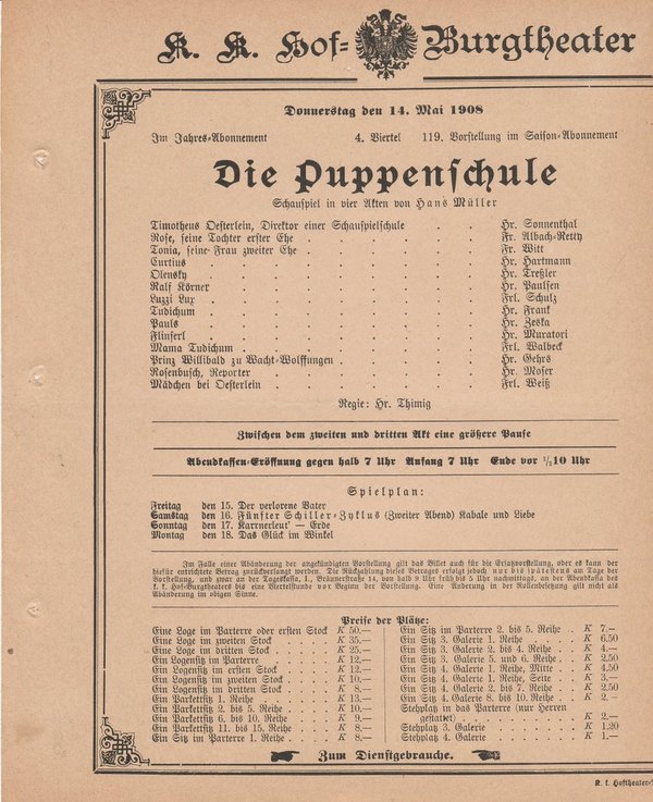 Theaterzettel Hans Müller DIE PUPPENSCHULE k. k. Hof = Burgtheater Wien 1908