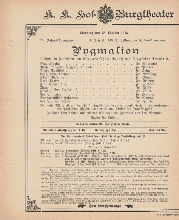 Theaterzettel Bernard Shaw PYGMALION k. k. Hof = Burgtheater Wien 1908