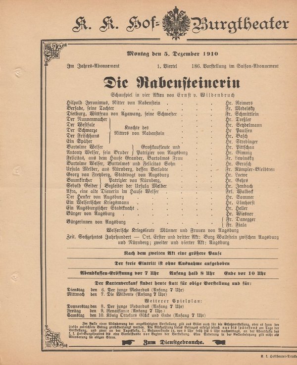 Theaterzettel Ernst von Wildenbruch DIE RABENSTEINERIN Burgtheater Wien 1910