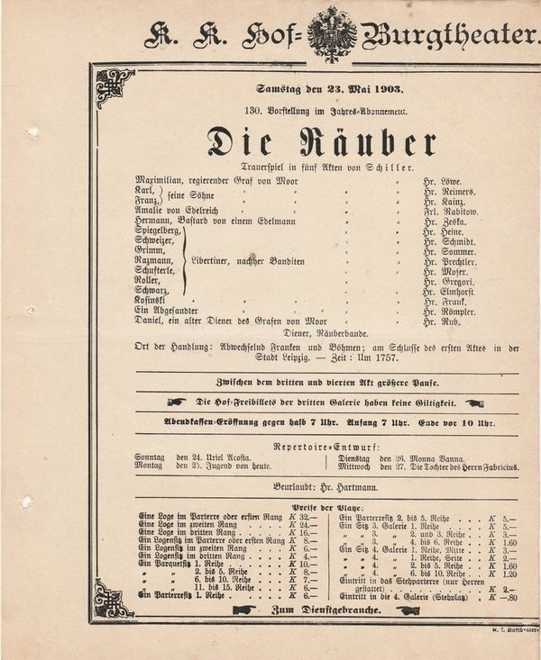 Theaterzettel Schiller DIE RÄUBER 23. Mai 1903 k. k. Hof = Burgtheater Wien