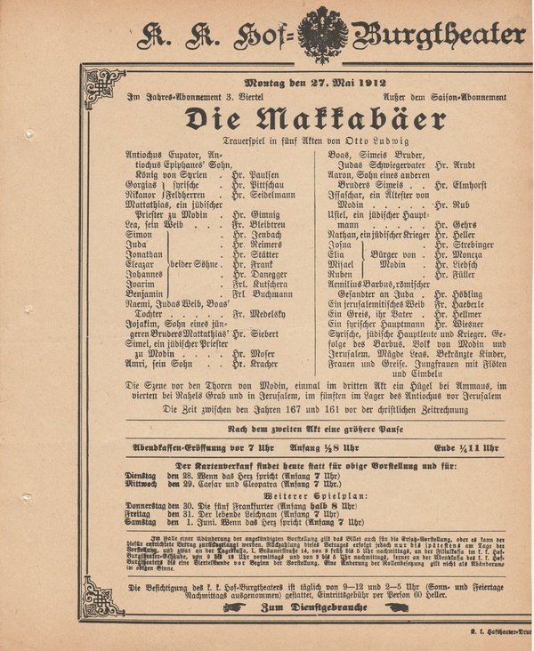 Theaterzettel Otto Ludwig DIE MAKKABÄER k. k. Hof = Burgtheater Wien 1912