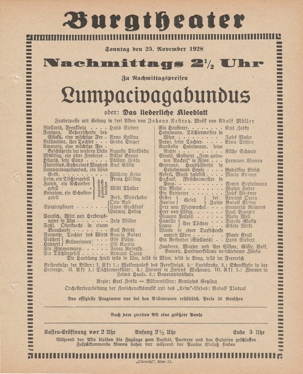 Theaterzettel Johann Nestroy LUMPACIVAGABUNDUS Burgtheater Wien 1928