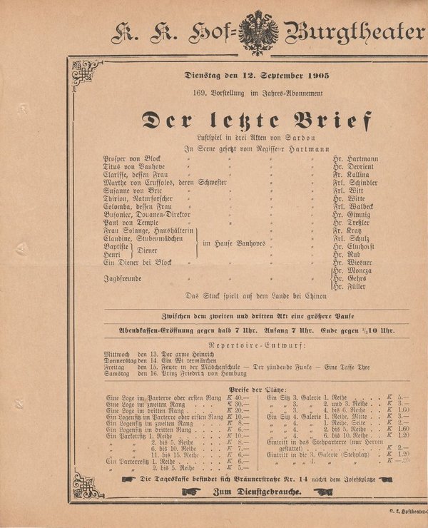 Theaterzettel Sardou DER LETZTE BRIEF k. k. Hof = Burgtheater Wien 1905