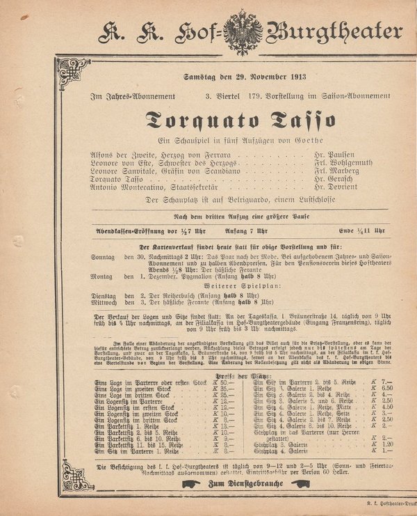 Theaterzettel Goethe TORQUATO TASSO k. k. Hof = Burgtheater Wien 1913