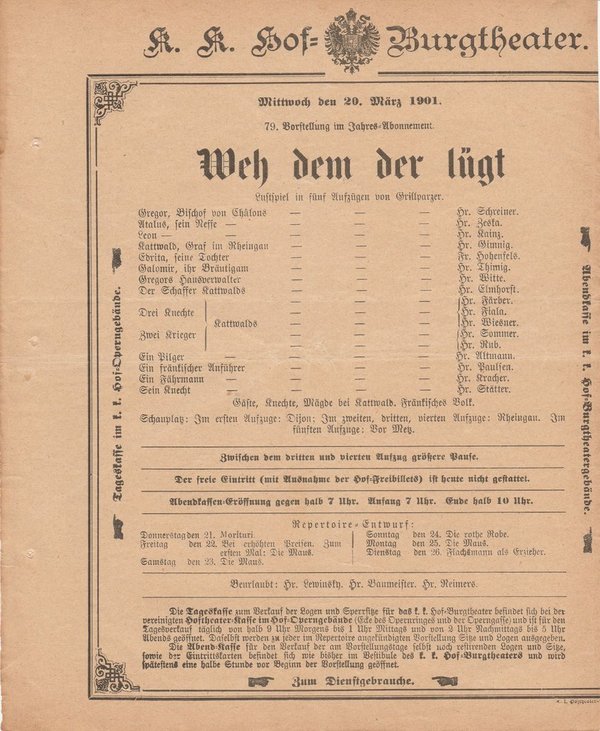 Theaterzettel Grillparzer WEH DEM DER LÜGT k. k. Hof = Burgtheater Wien 1901