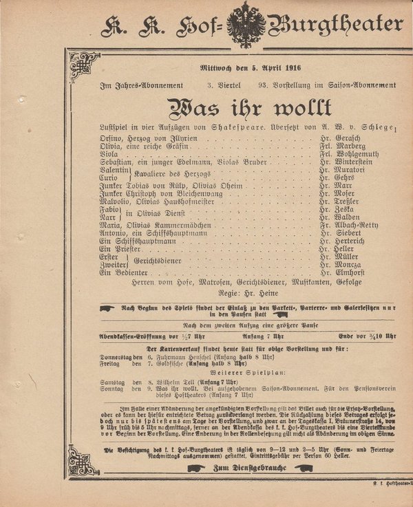 Theaterzettel Shakespeare WAS IHR WOLLT k. k. Hof = Burgtheater Wien 1916