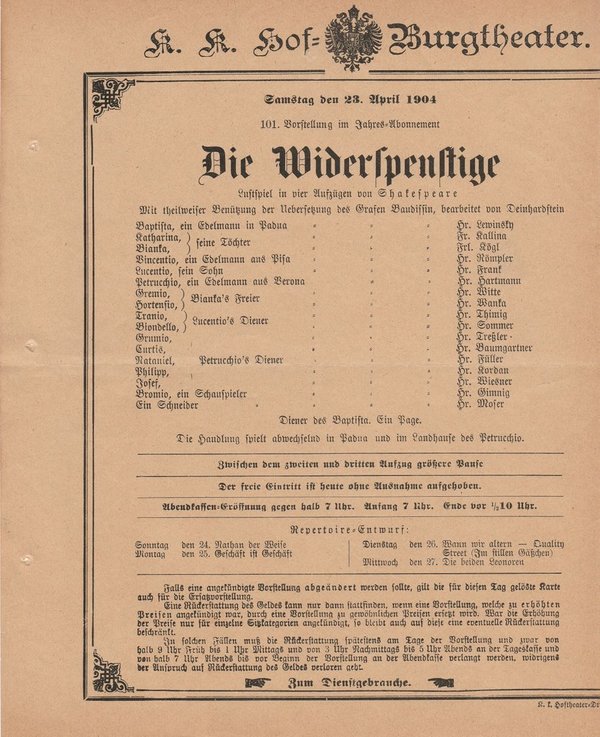 Theaterzettel Shakespeare DIE WIDERSPENSTIGE k. k. Hof = Burgtheater Wien 1904