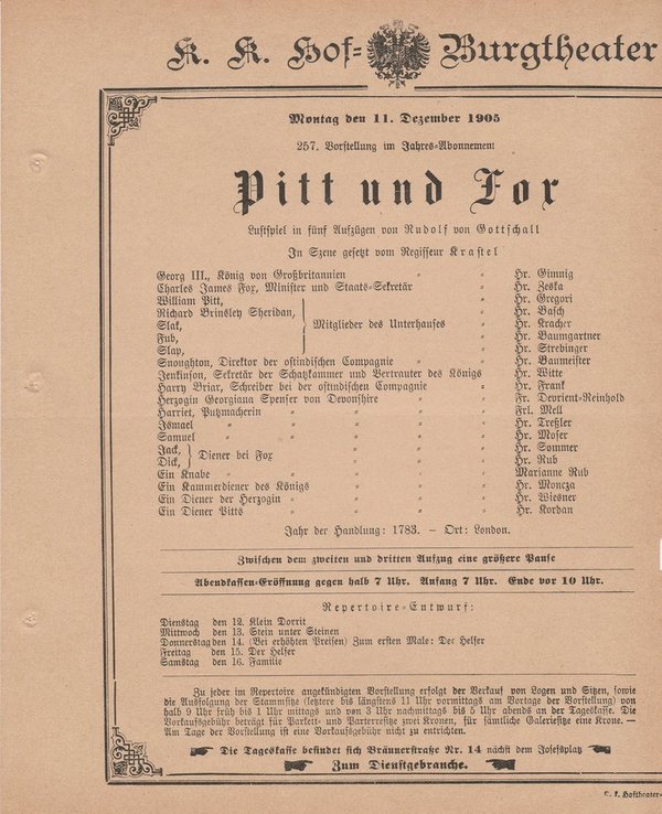 Theaterzettel Rudolf von Gottschall PITT UND FOX Hof = Burgtheater Wien 1905