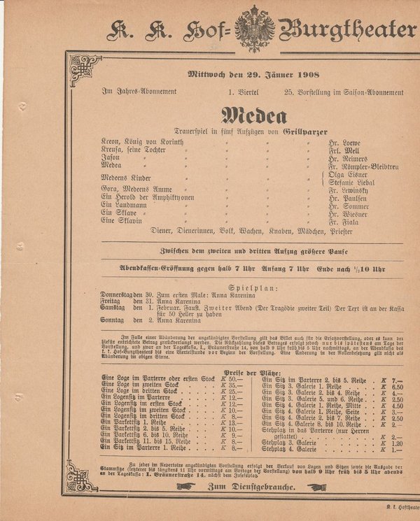 Theaterzettel Grillparzer MEDEA k. k. Hof = Burgtheater Wien 1908