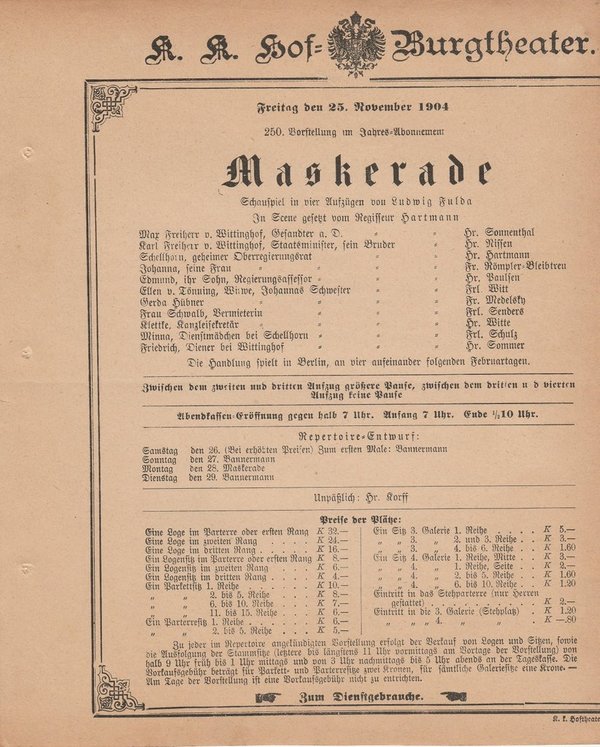 Theaterzettel Ludwig Fulda MASKERADE k. k. Hof = Burgtheater Wien 1904